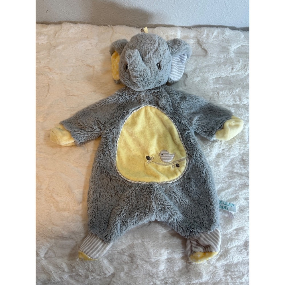 Douglas Baby Elephant Cuddle Toy Plush Gray Yellow Bird Security Blanket